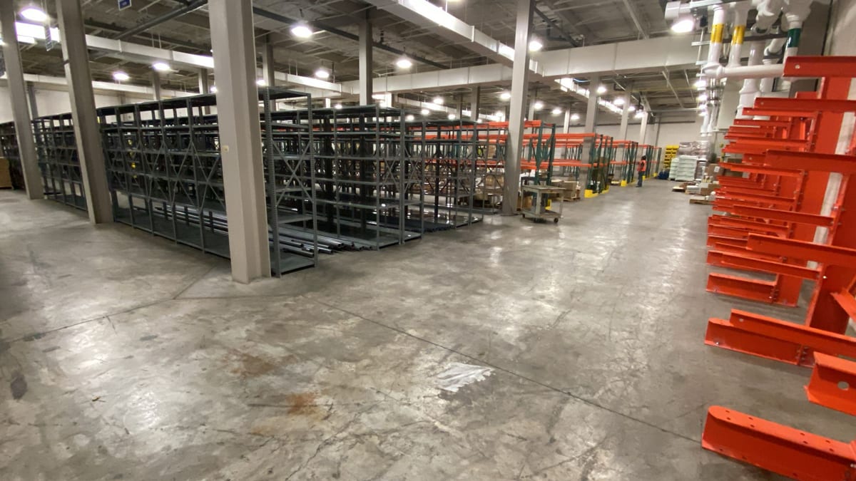 Industrial shelving and staged cantilever rack arms in a municipal water district storage facility in Las Vegas, NV